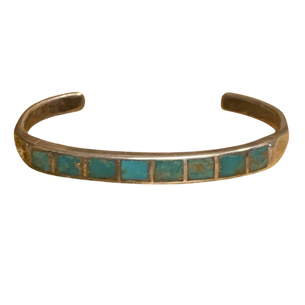 Old Pawn Sterling Silver & Turquoise Blue/Green Inlayed Cuff Bracelet Vintage